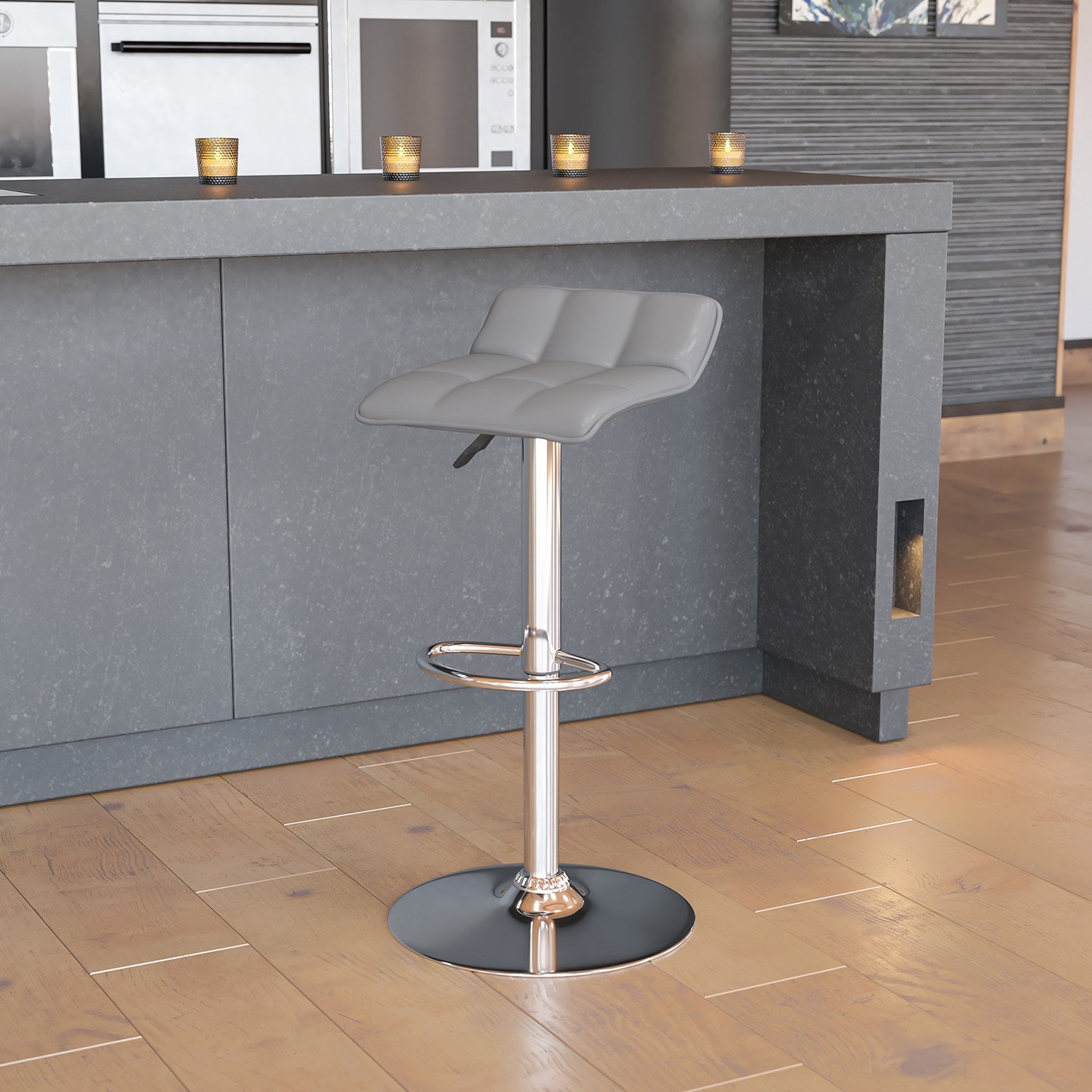 BLNK - Mark Vinyl Adjustable Height Bar Stool with Quilted Wave Seat and Chrome Base