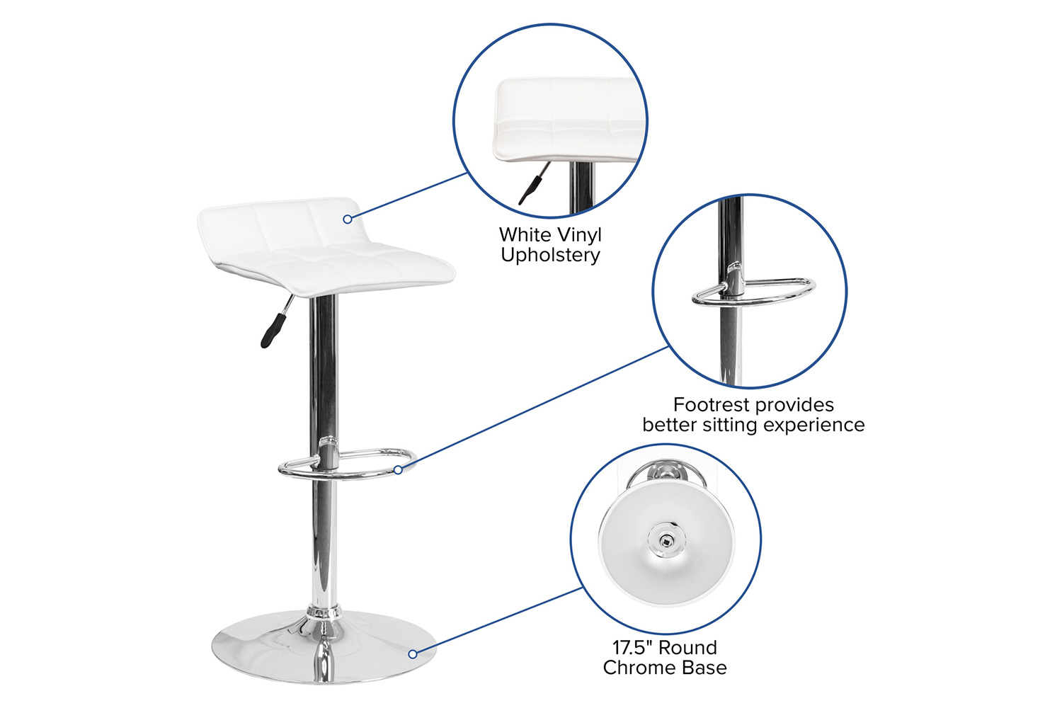 BLNK Mark Vinyl Adjustable Height Bar Stool with Quilted Wave Seat and Chrome Base - White