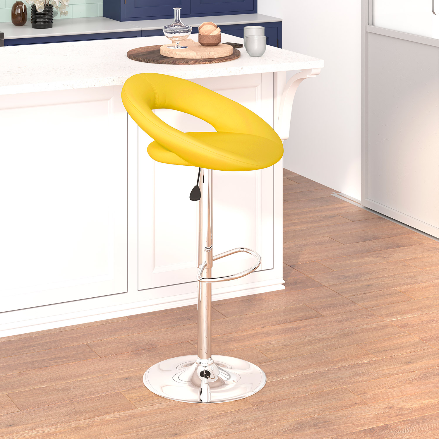 BLNK Brook Vinyl Rounded Orbit-Style Back Adjustable Height Bar Stool with Chrome Base - Yellow