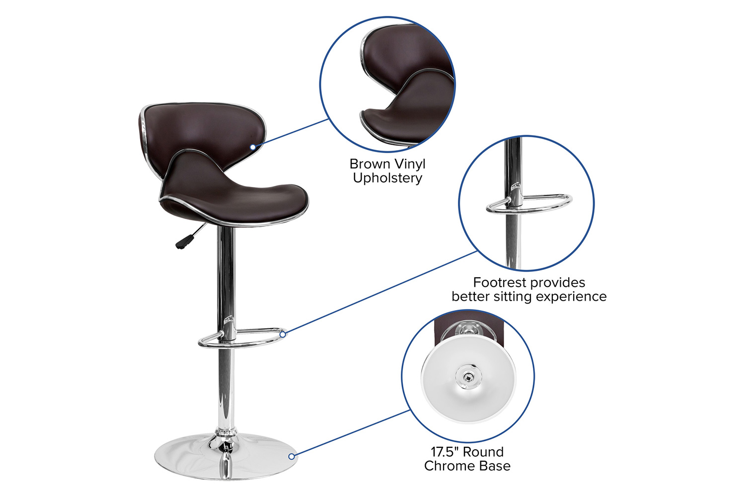 BLNK Devin Vinyl Cozy Mid-Back Adjustable Height Bar Stool with Chrome Base - Brown