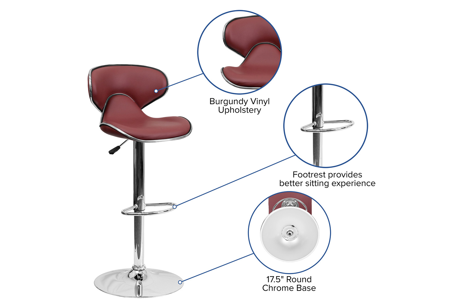 BLNK Devin Vinyl Cozy Mid-Back Adjustable Height Bar Stool with Chrome Base - Burgundy