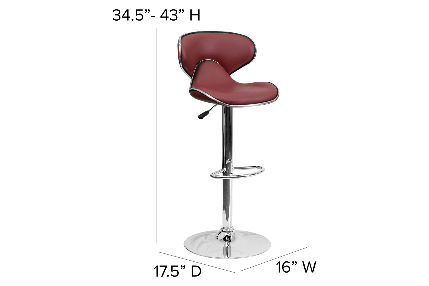 BLNK Devin Vinyl Cozy Mid-Back Adjustable Height Bar Stool with Chrome Base - Burgundy