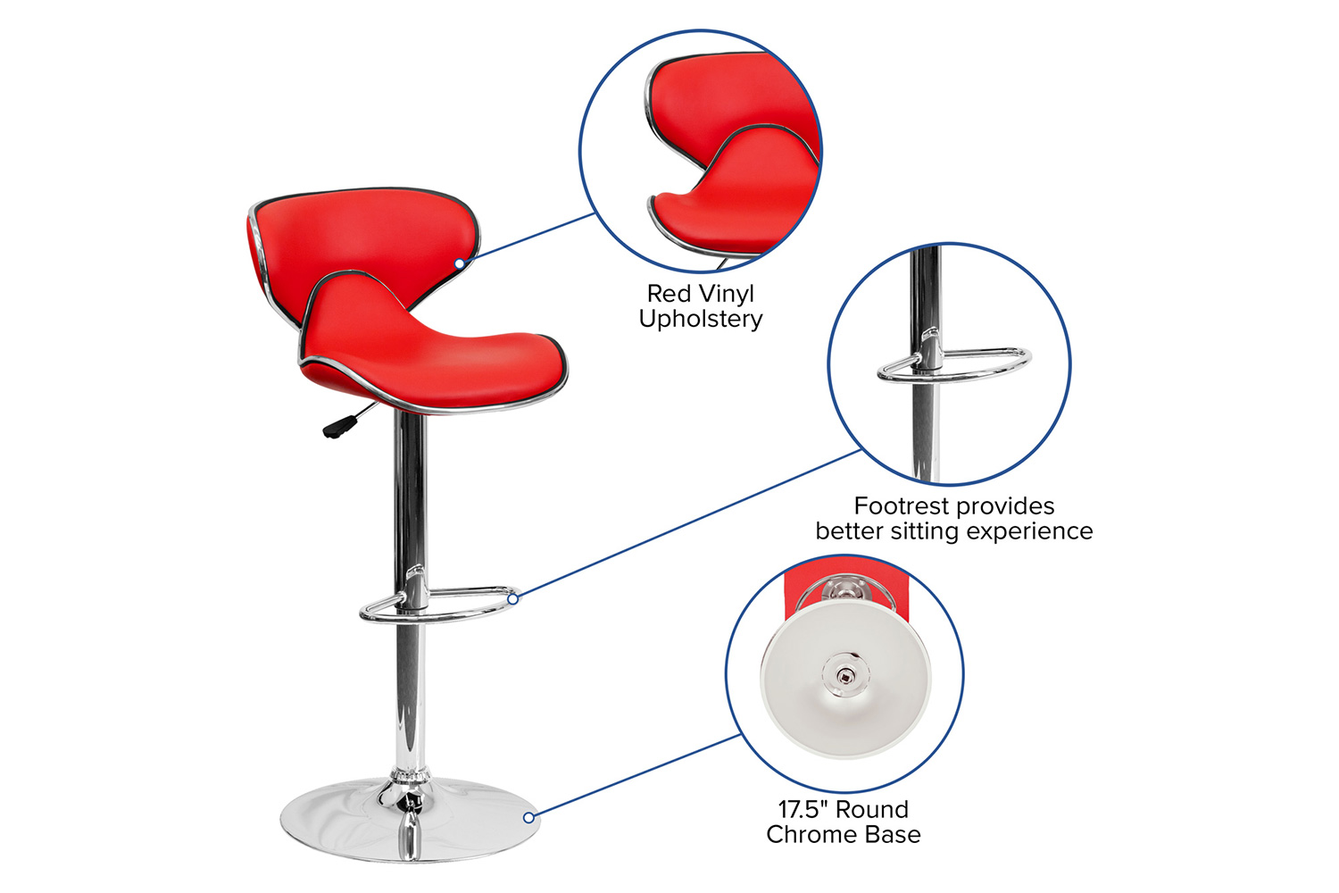 BLNK Devin Vinyl Cozy Mid-Back Adjustable Height Bar Stool with Chrome Base - Red