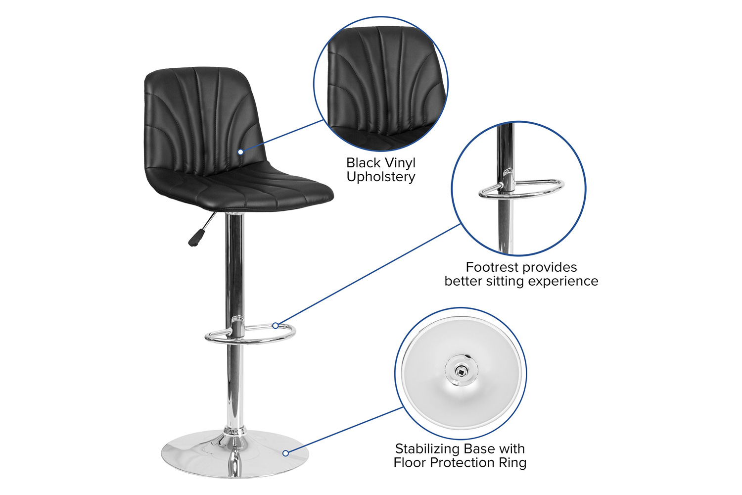 BLNK - Williams Black Vinyl Adjustable Height Bar Stool with Embellished Stitch Design and Chrome Base