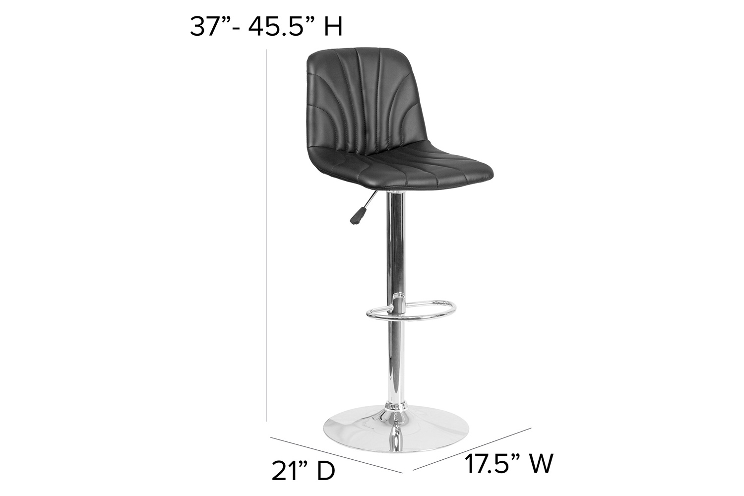 BLNK - Williams Black Vinyl Adjustable Height Bar Stool with Embellished Stitch Design and Chrome Base