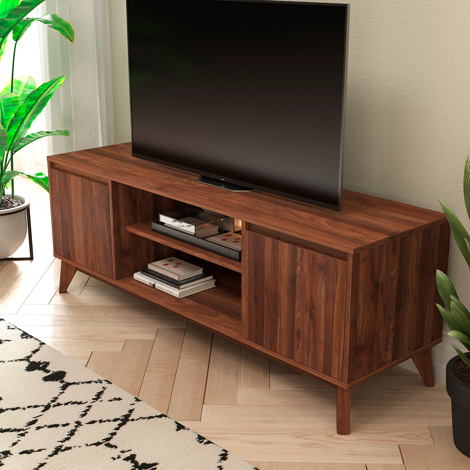 BLNK - Hatfield Mid-Century Modern TV Stand in Walnut for up to 64" TV's with Adjustable Center Shelf and Dual Soft Close Doors