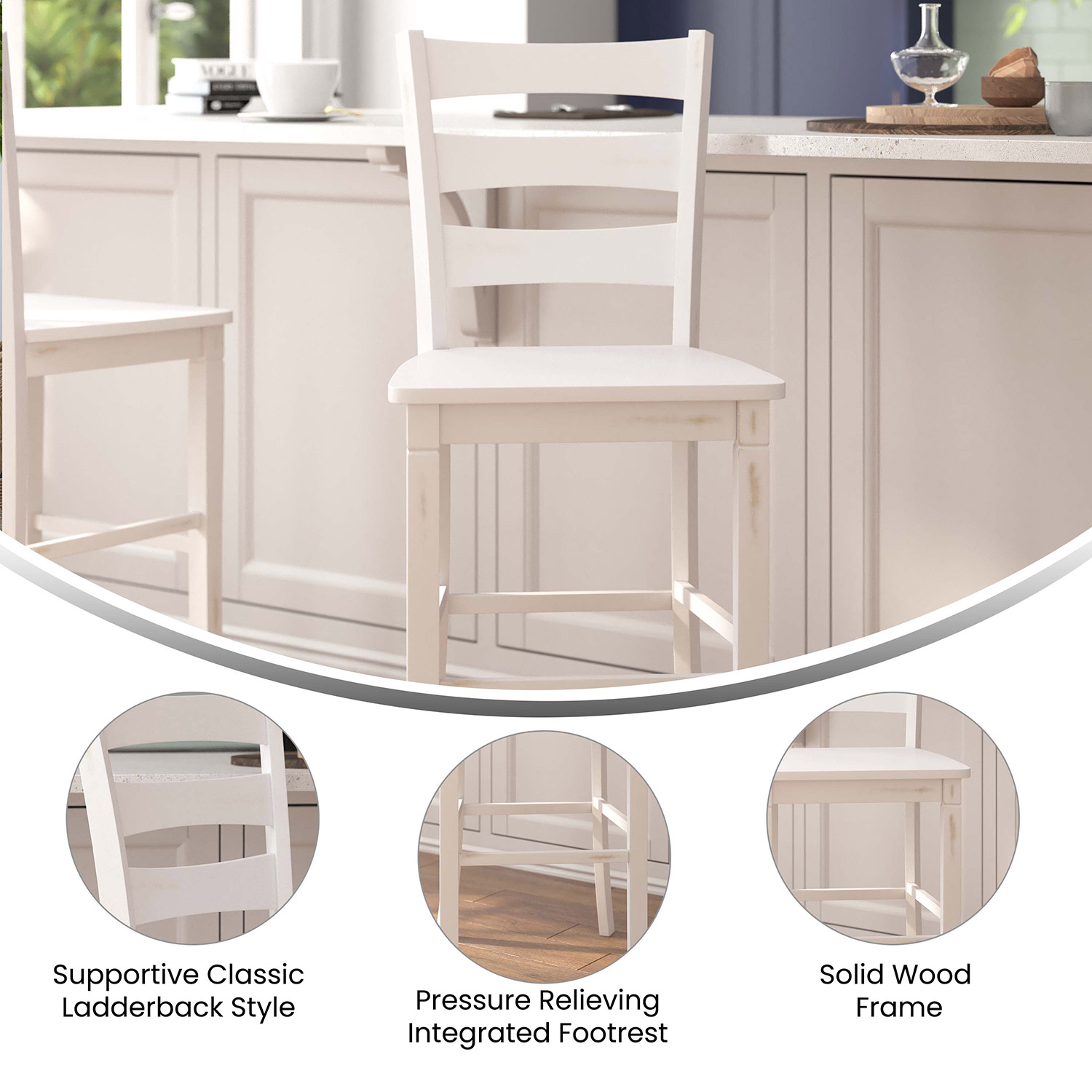 BLNK Liesel Commercial Wood Classic Ladderback Bar Height Bar Stool with Solid Wood Seat Set of 2 - Antique White Wash