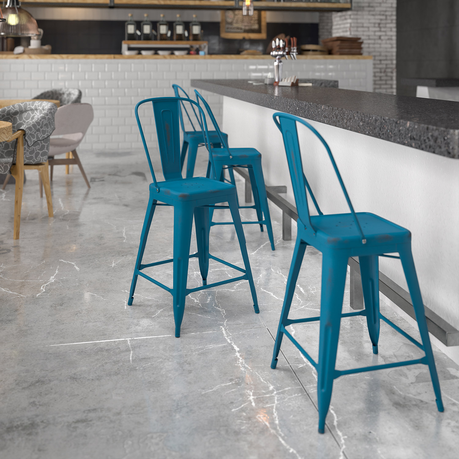 BLNK - Carly Commercial Metal Distressed Indoor-Outdoor Counter Height Stool