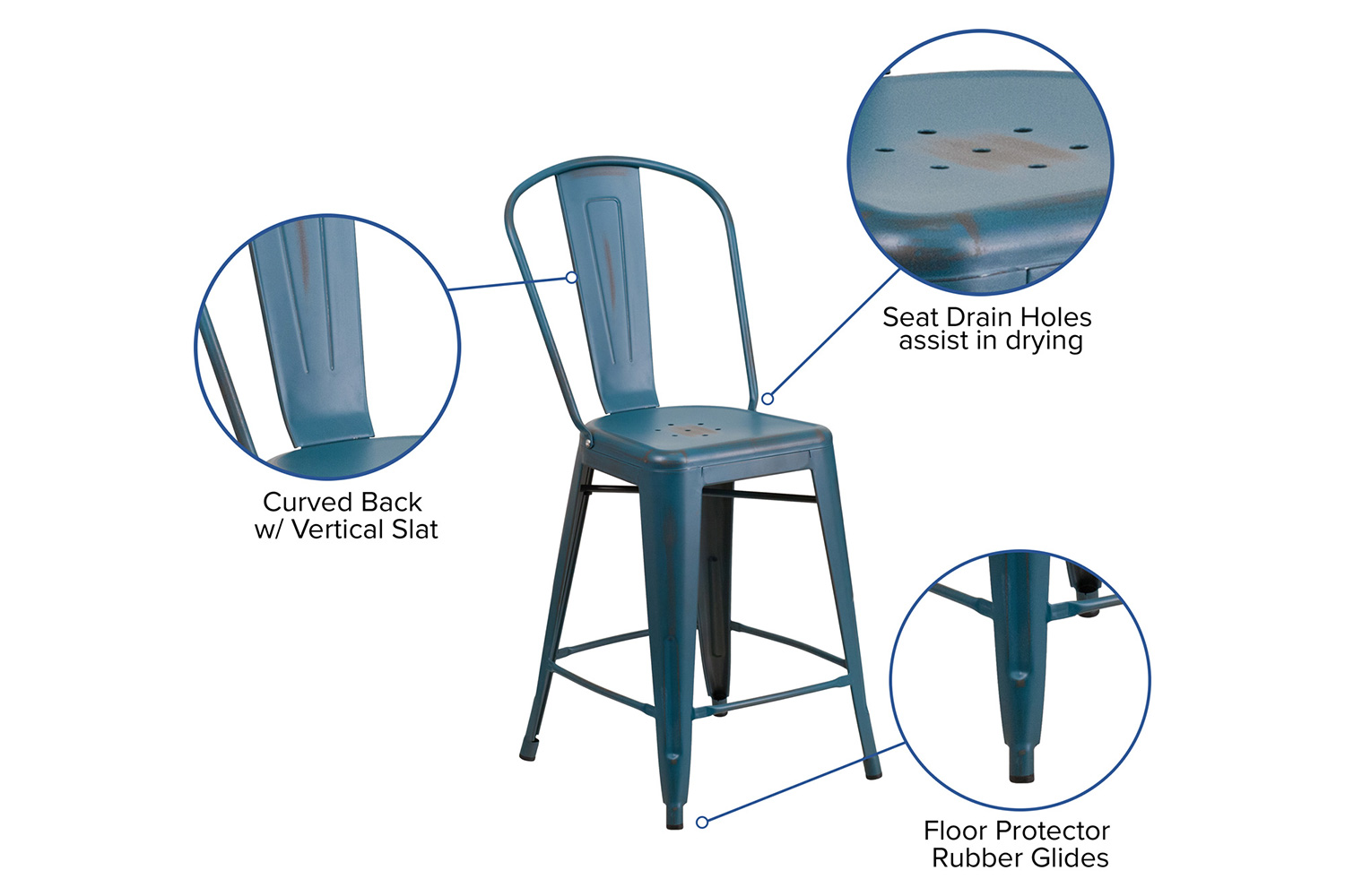 BLNK Carly Commercial Metal Distressed Indoor-Outdoor Counter Height Stool - Antique Blue