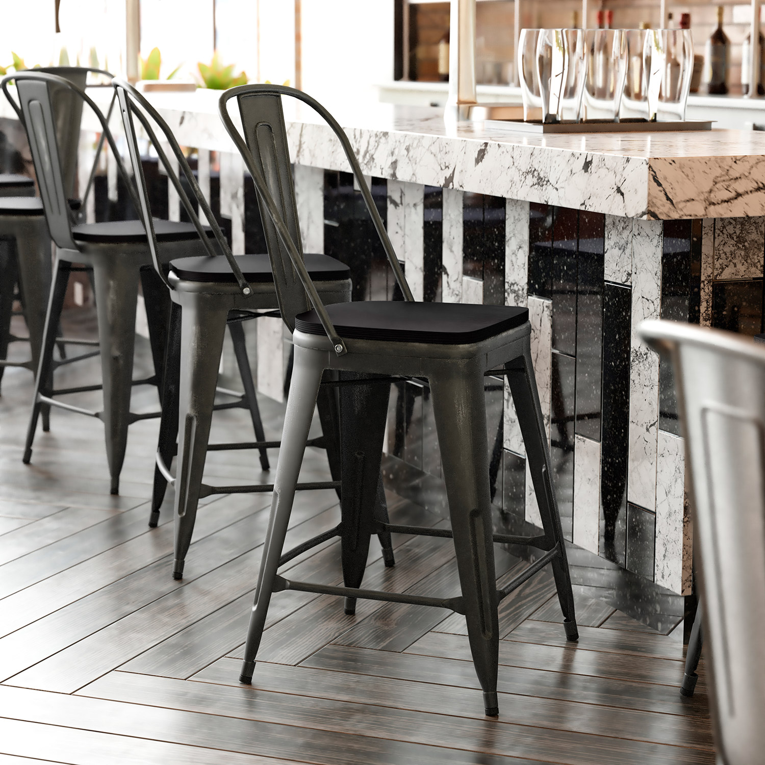BLNK - Carly Commercial Metal Indoor-Outdoor Counter Height Stool with Poly Resin Wood Seat