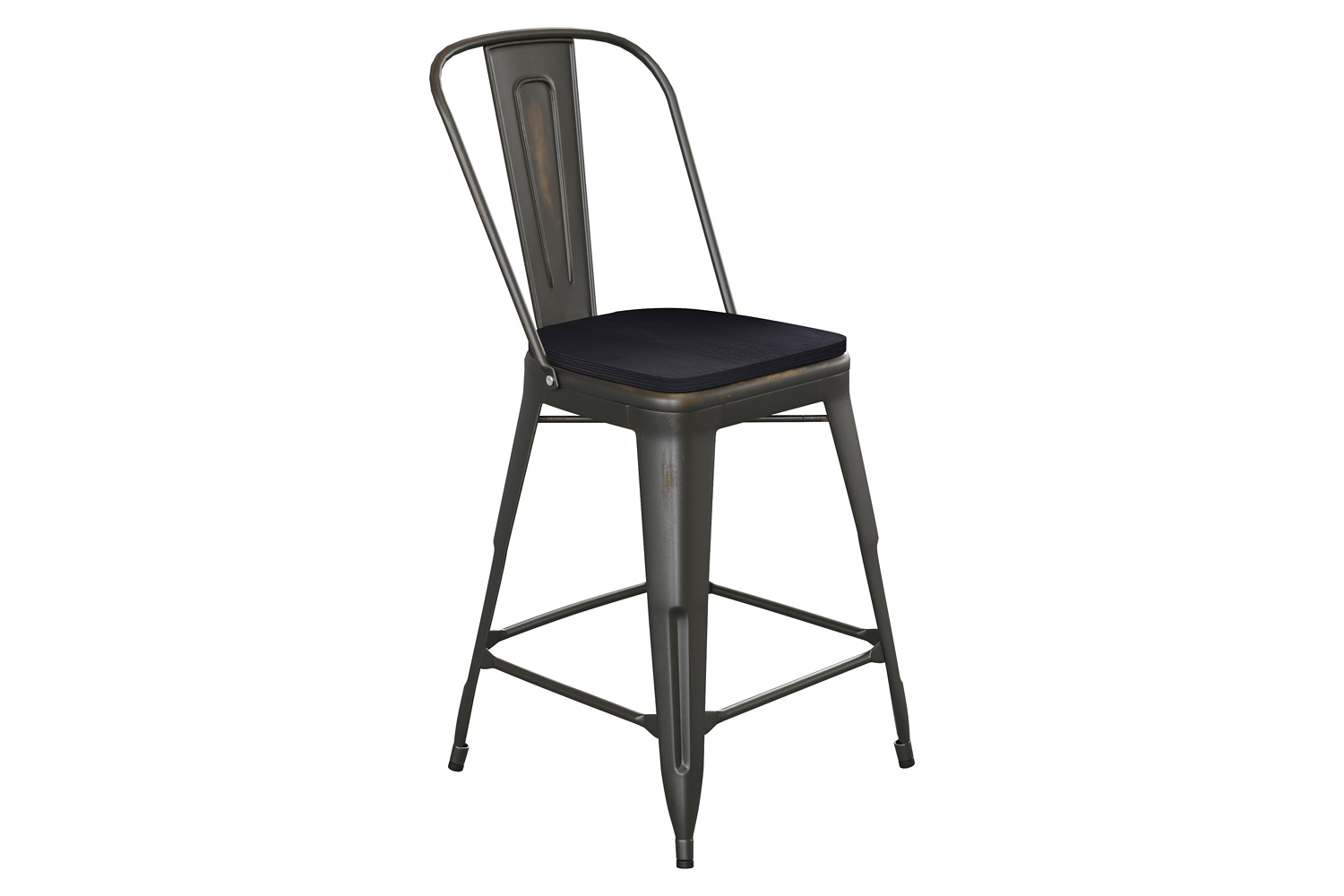 BLNK - Carly Commercial Indoor-Outdoor Copper Metal Counter Height Stool with Back with Black Poly Resin Wood Seat