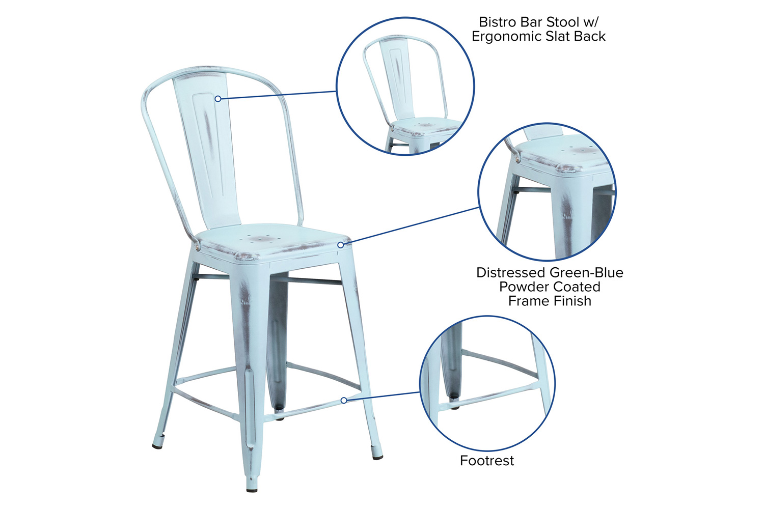 BLNK Carly Commercial Metal Distressed Indoor-Outdoor Counter Height Stool - Green/Blue