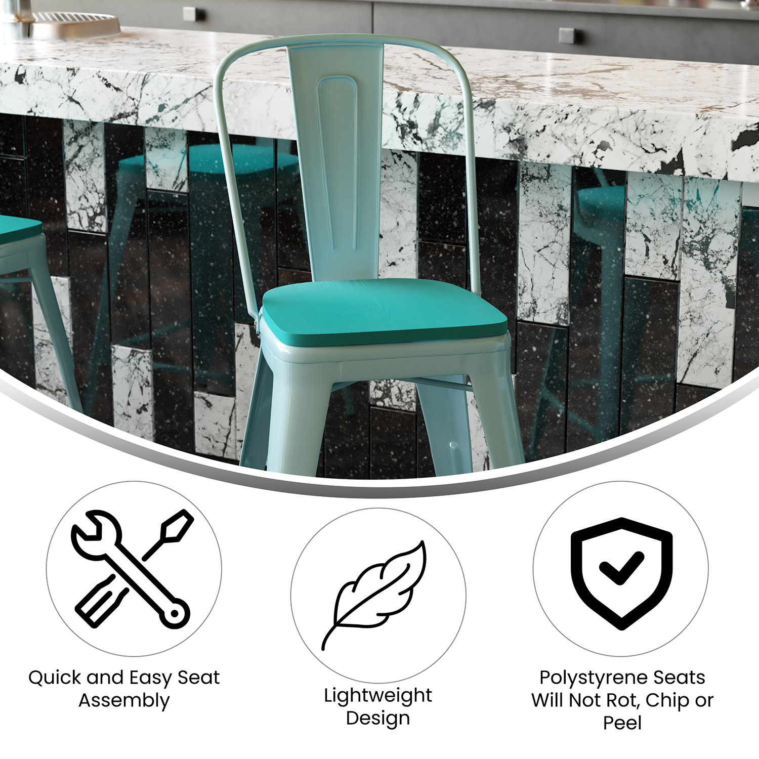 BLNK Carly Commercial Metal Indoor-Outdoor Counter Height Stool with Poly Resin Wood Seat - Mint Green