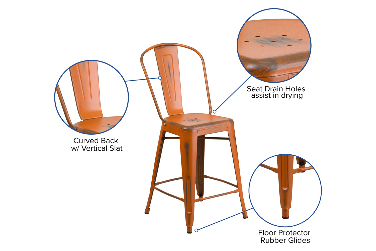 BLNK Carly Commercial Metal Distressed Indoor-Outdoor Counter Height Stool - Orange