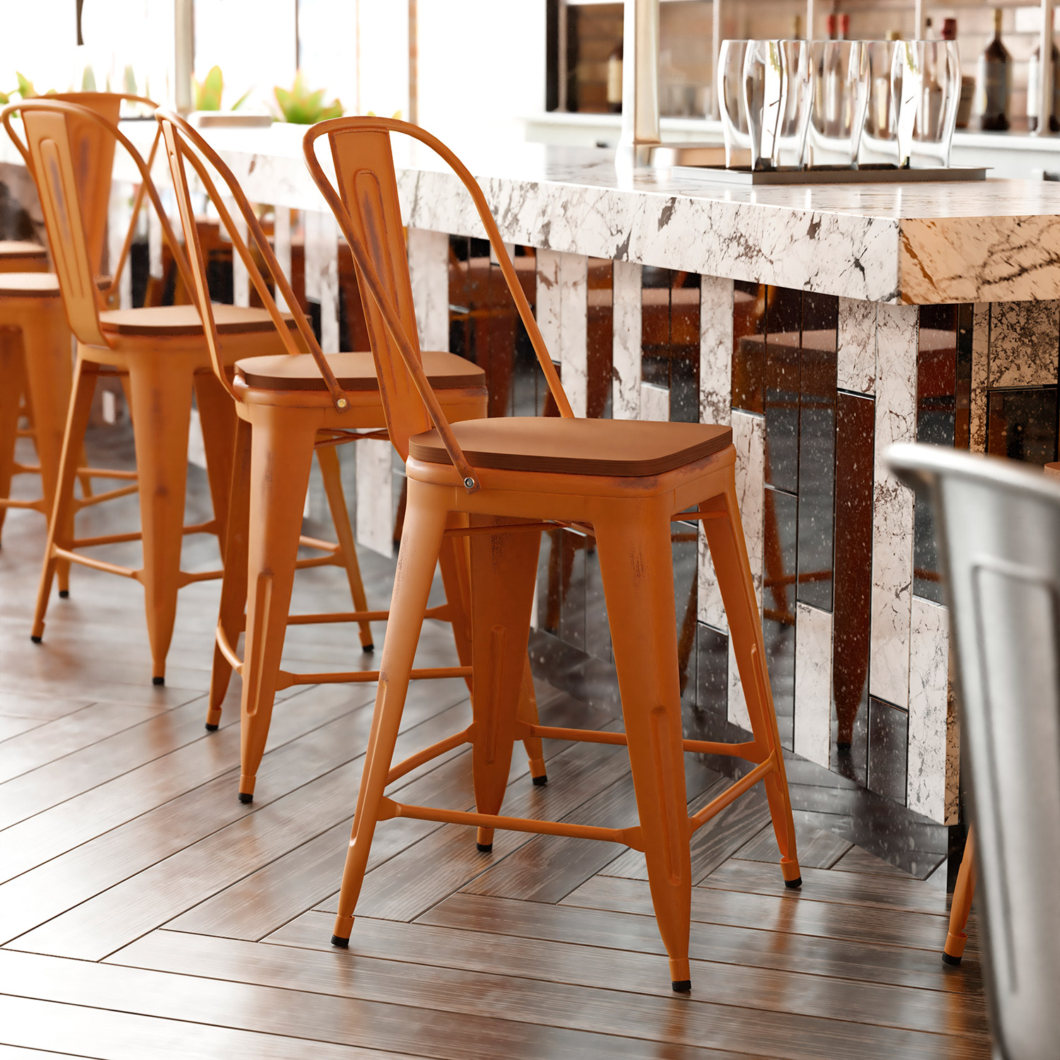 BLNK - Carly Commercial Metal Indoor-Outdoor Counter Height Stool with Poly Resin Wood Seat