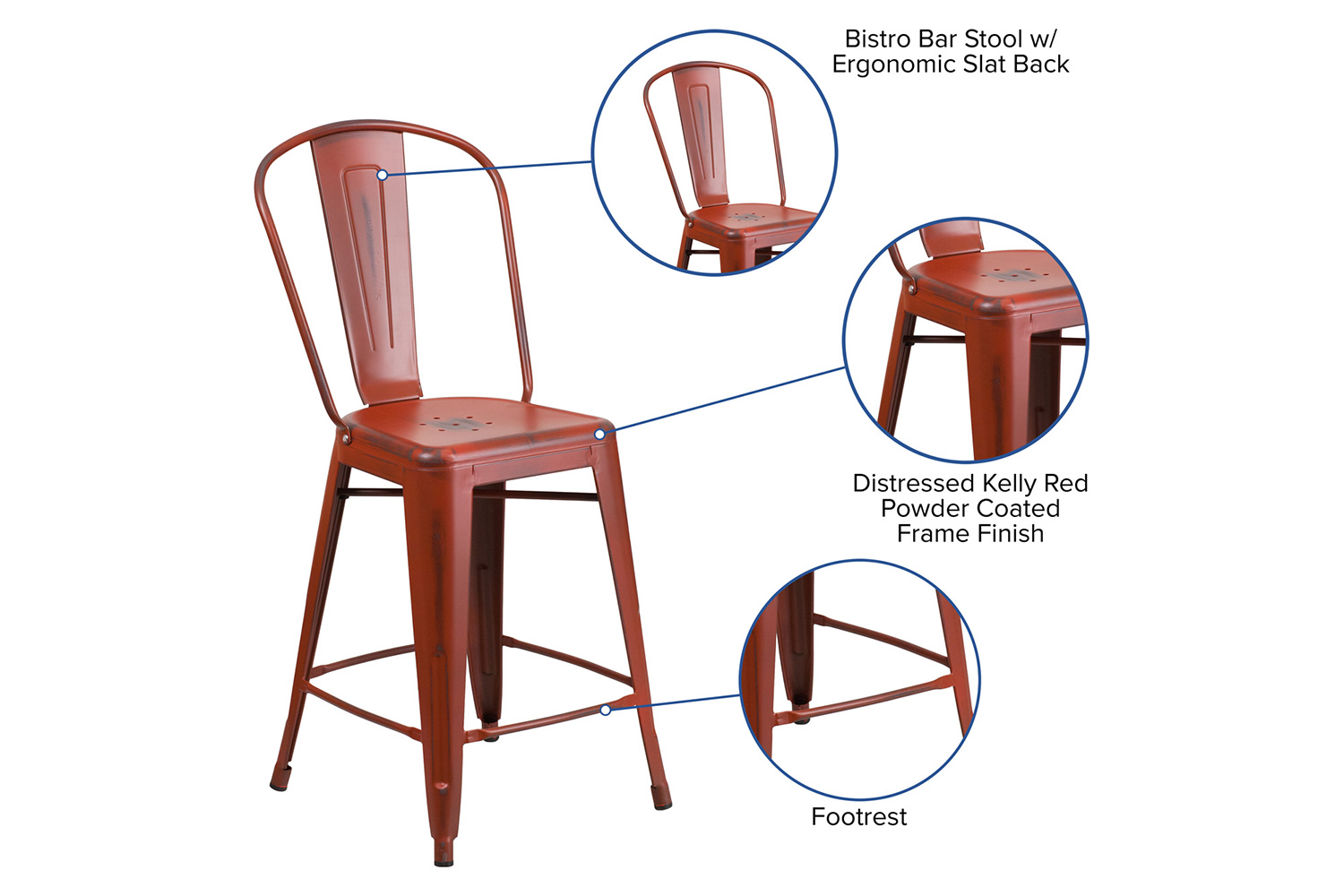 BLNK Carly Commercial Metal Distressed Indoor-Outdoor Counter Height Stool - Kelly Red