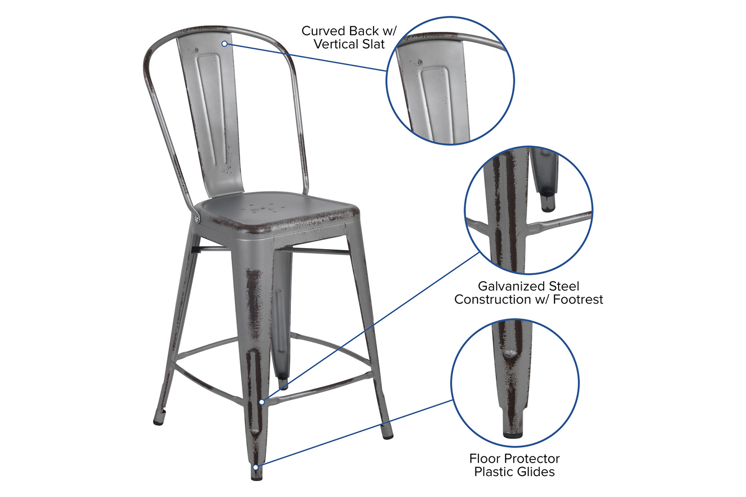 BLNK Carly Commercial Metal Distressed Indoor-Outdoor Counter Height Stool - Silver Gray