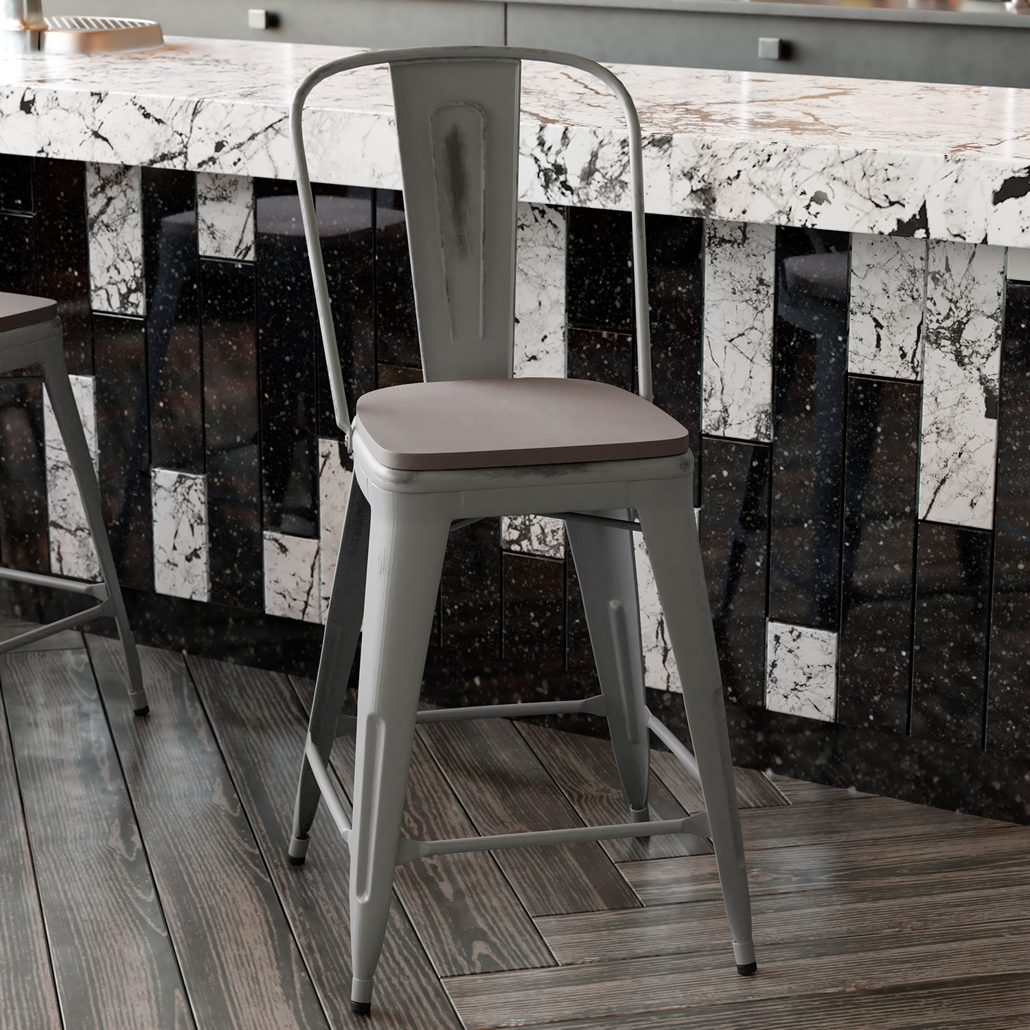 BLNK Carly Commercial Metal Indoor-Outdoor Counter Height Stool with Poly Resin Wood Seat - Silver Gray/Gray