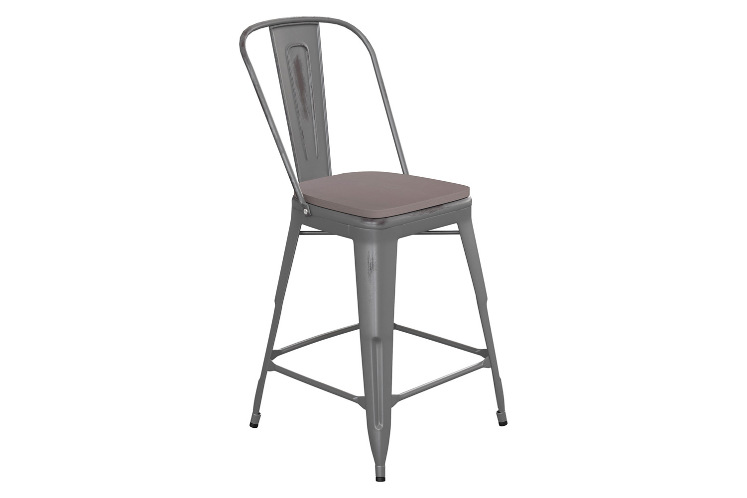 BLNK Carly Commercial Metal Indoor-Outdoor Counter Height Stool with Poly Resin Wood Seat - Silver Gray/Gray