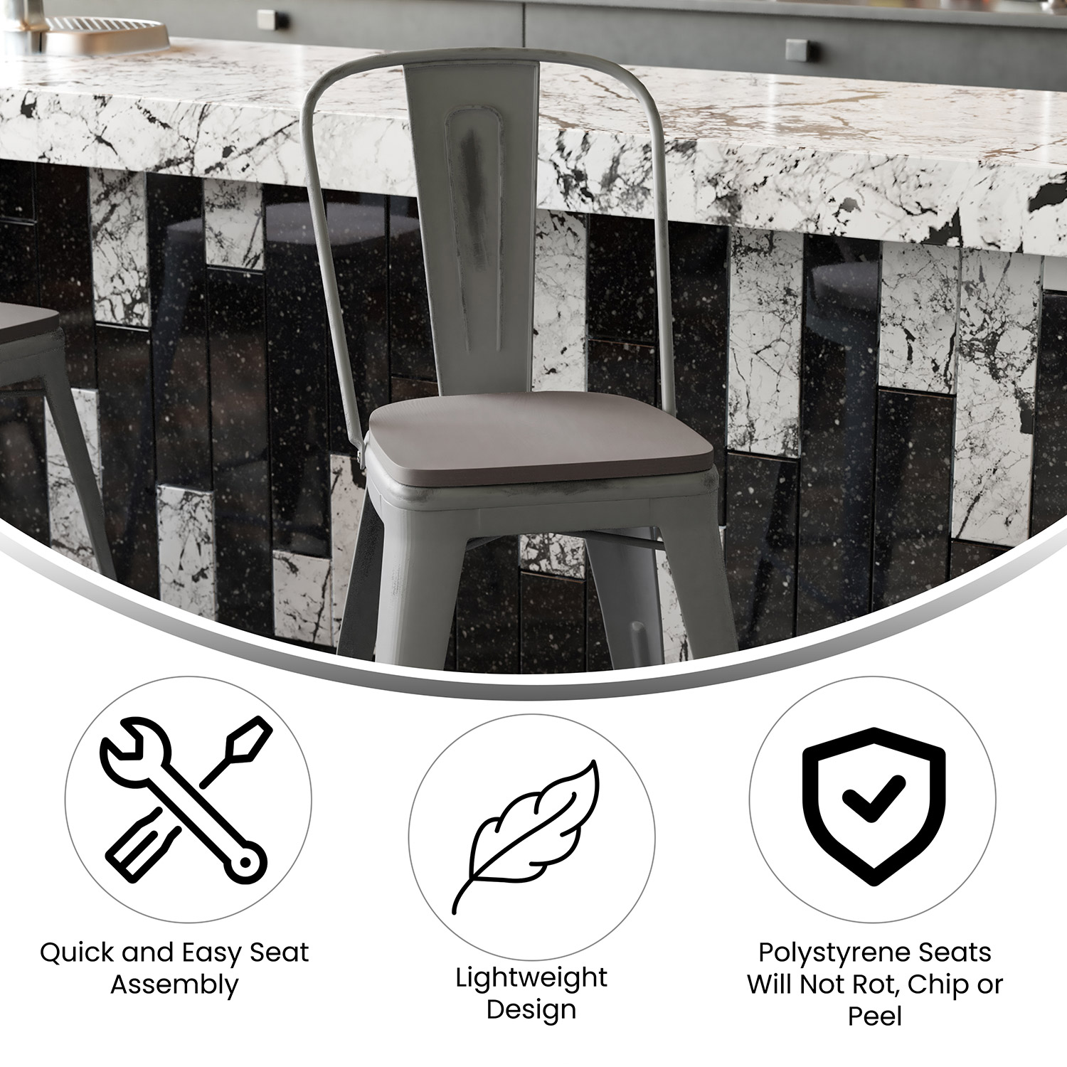BLNK Carly Commercial Metal Indoor-Outdoor Counter Height Stool with Poly Resin Wood Seat - Silver Gray/Gray