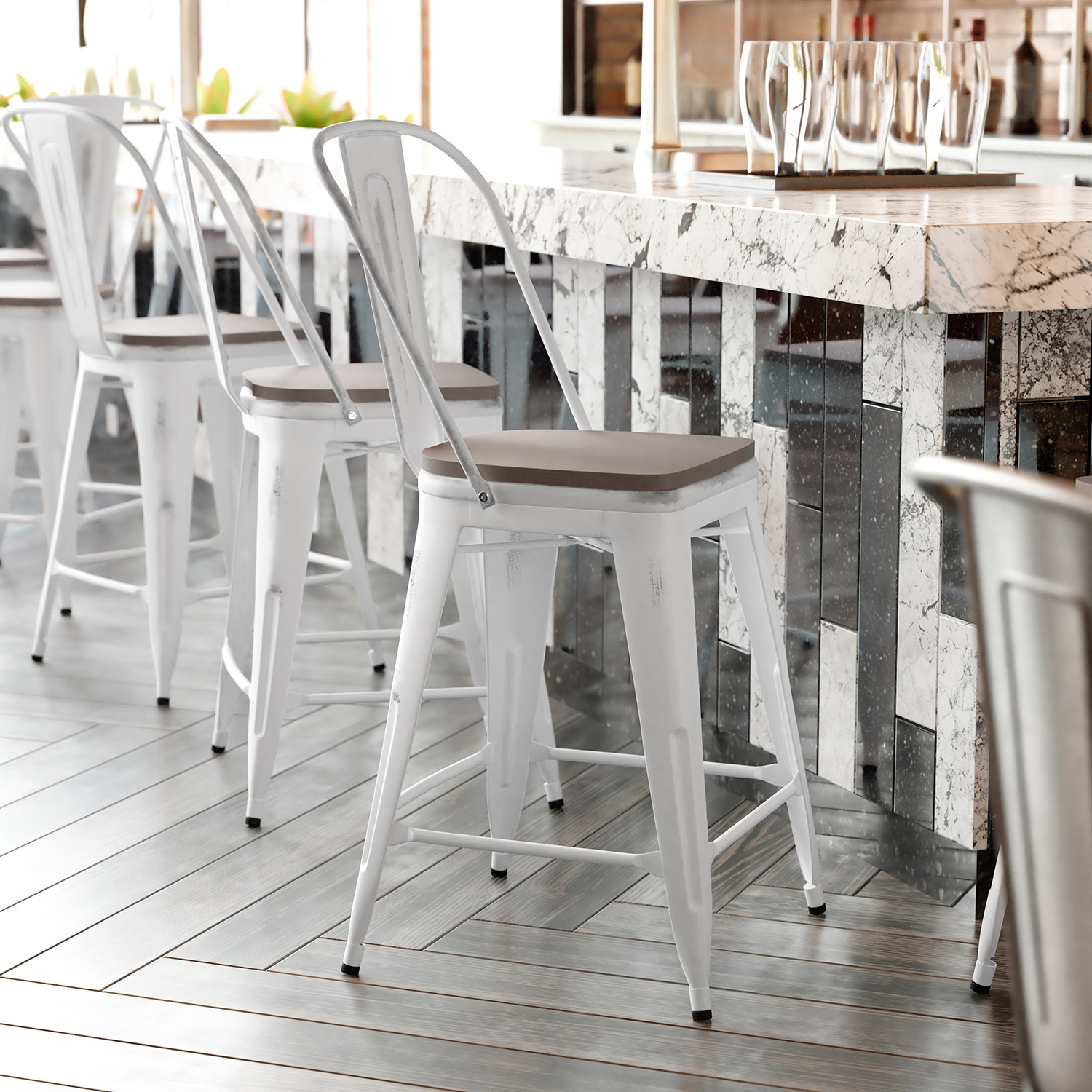 BLNK - Carly Commercial Metal Indoor-Outdoor Counter Height Stool with Poly Resin Wood Seat