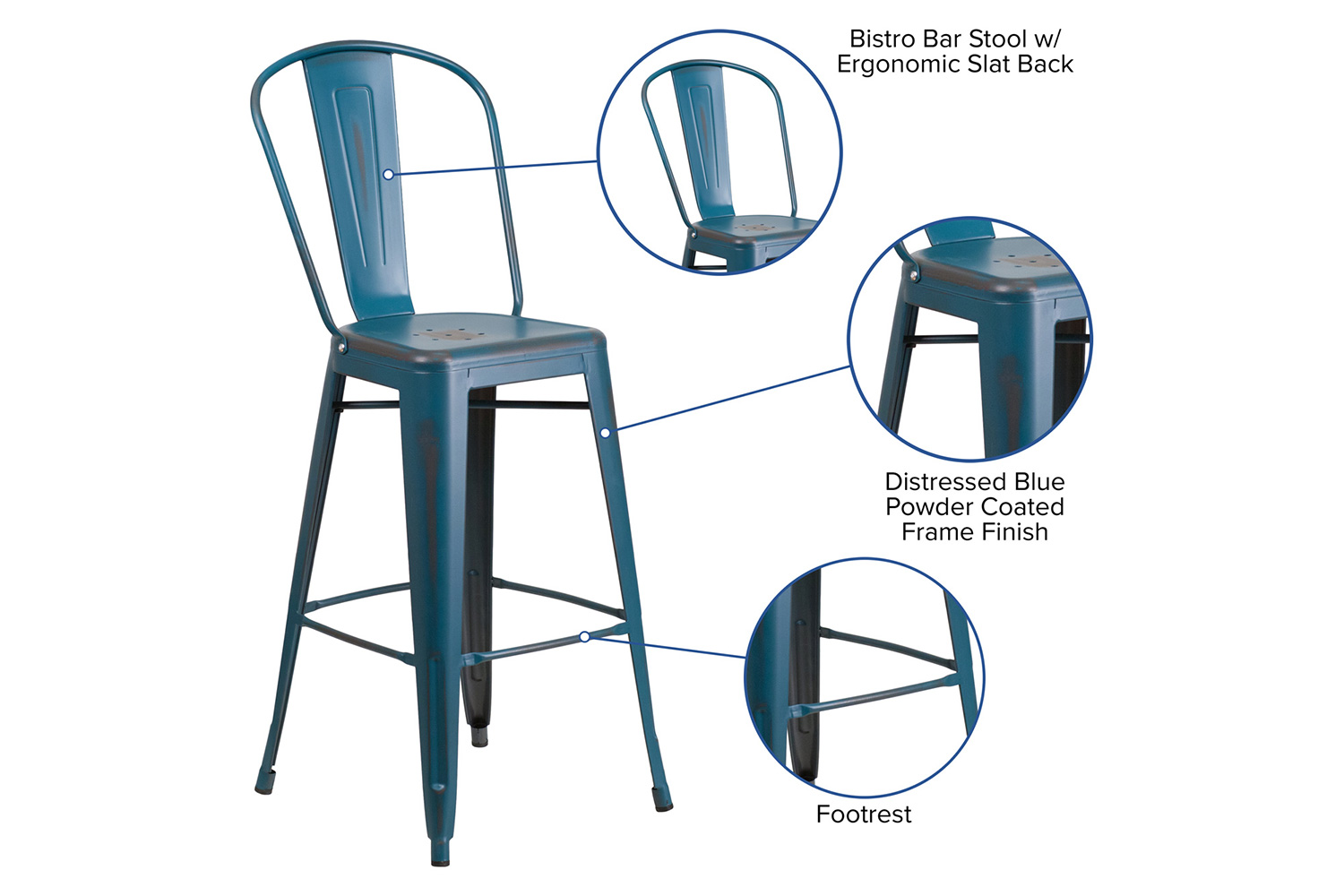 BLNK Cindy Commercial Metal Distressed Indoor-Outdoor Bar Stool with Back - Antique Blue