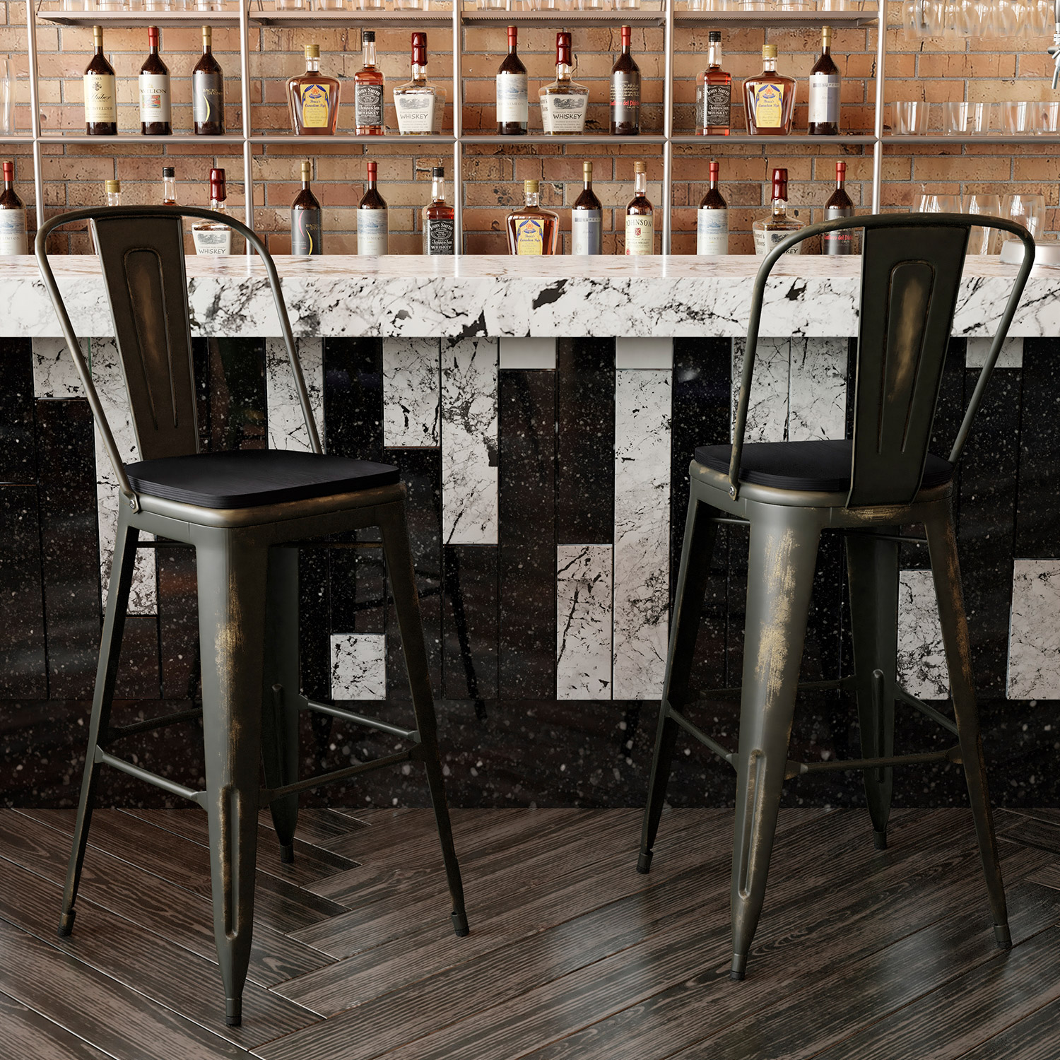 BLNK - Carly Commercial Metal Indoor-Outdoor Bar Stool with Back with Poly Resin Wood Seat