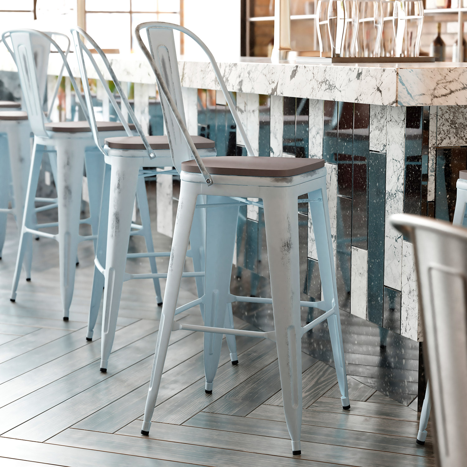 BLNK - Carly Commercial Metal Indoor-Outdoor Bar Stool with Back with Poly Resin Wood Seat