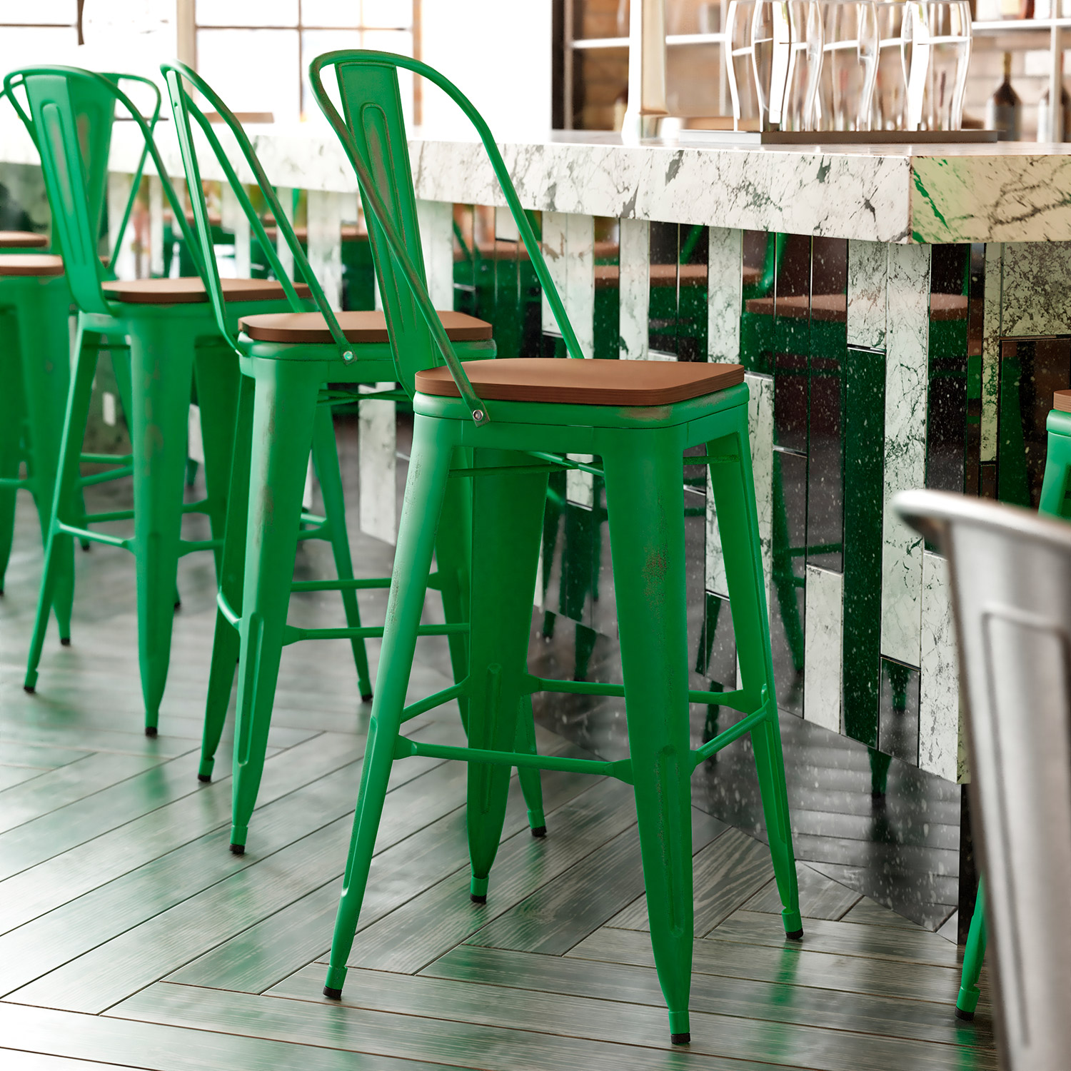 BLNK - Carly Commercial Metal Indoor-Outdoor Bar Stool with Back with Poly Resin Wood Seat