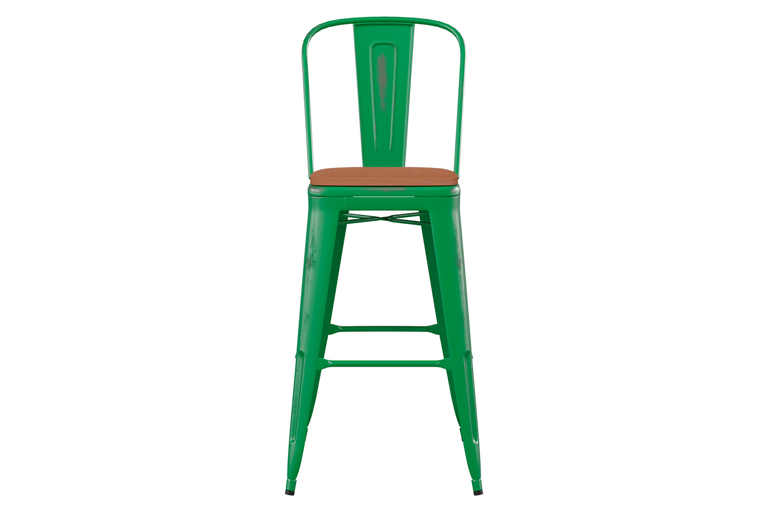 BLNK Carly Commercial Metal Indoor-Outdoor Bar Stool with Back with Poly Resin Wood Seat - Green/Teak