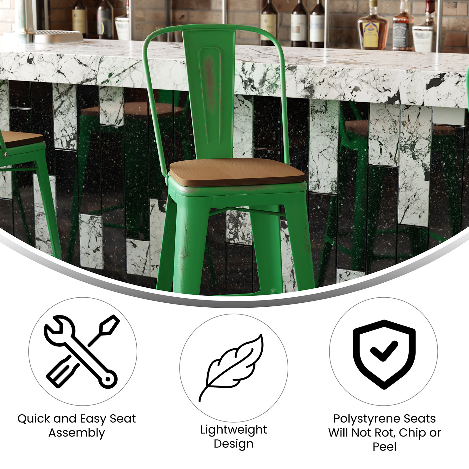 BLNK Carly Commercial Metal Indoor-Outdoor Bar Stool with Back with Poly Resin Wood Seat - Green/Teak