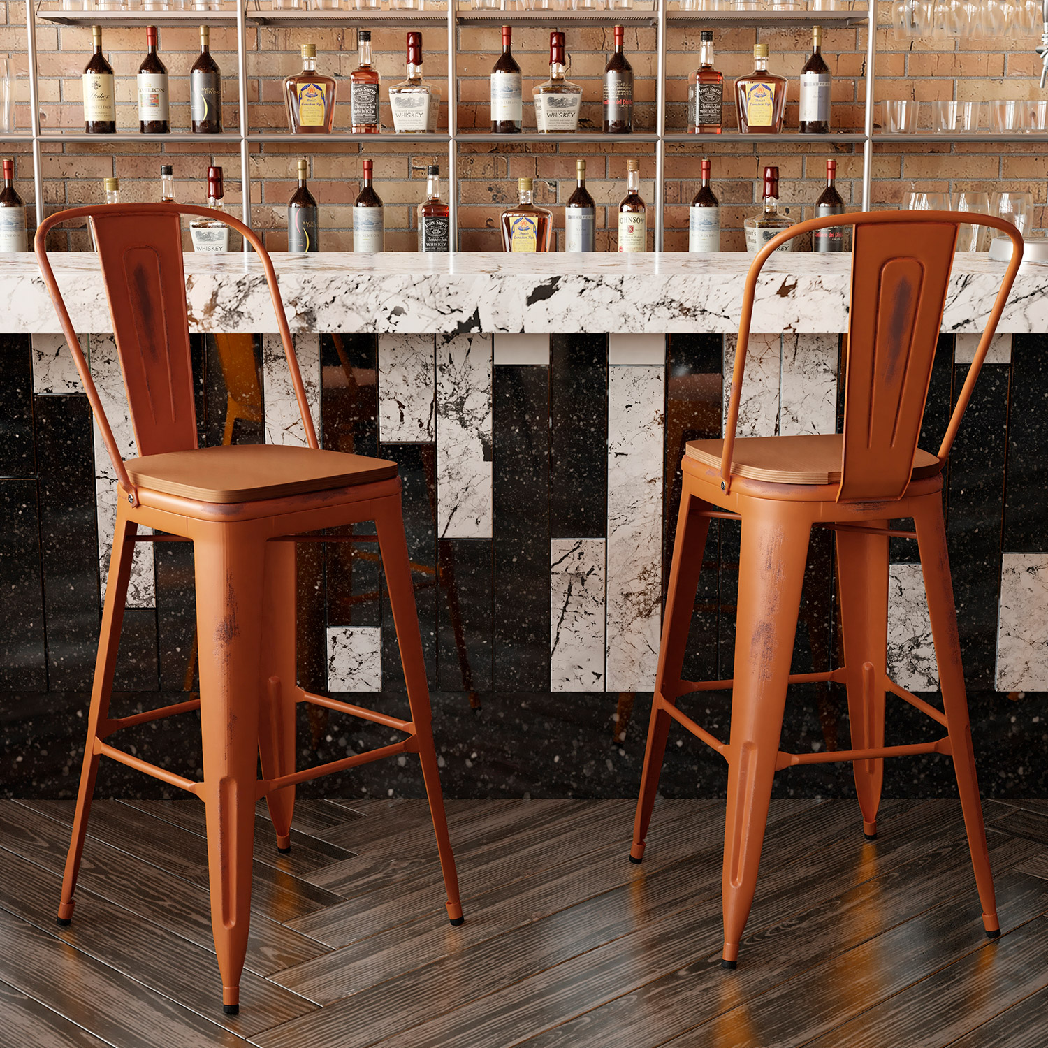 BLNK Carly Commercial Metal Indoor-Outdoor Bar Stool with Back with Poly Resin Wood Seat - Orange/Teak