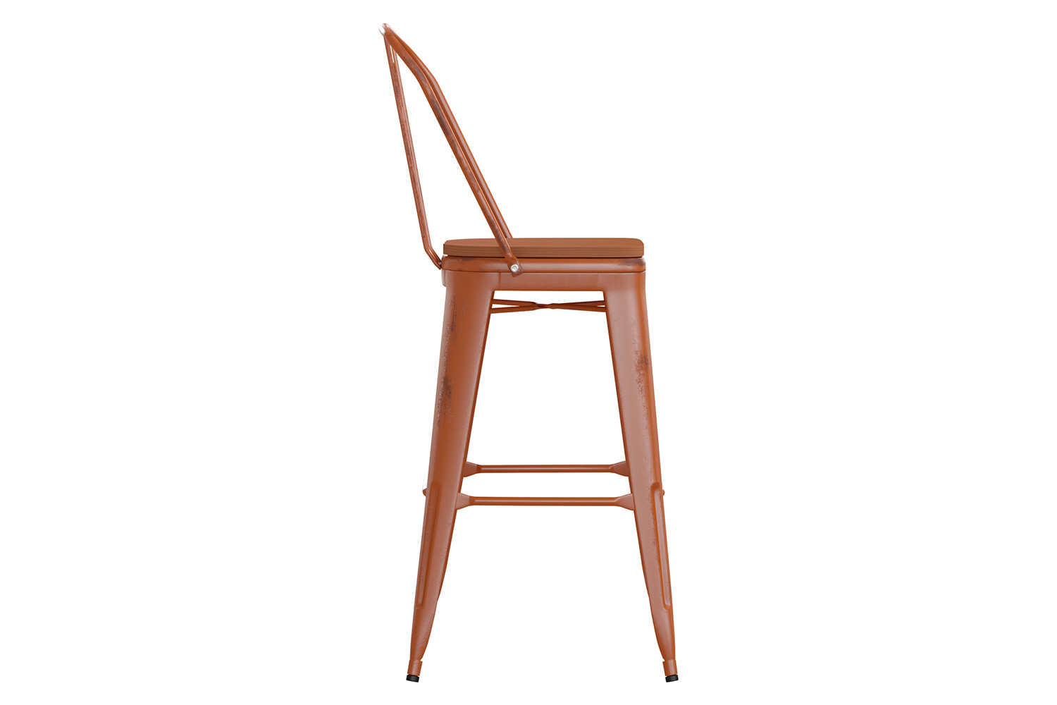 BLNK Carly Commercial Metal Indoor-Outdoor Bar Stool with Back with Poly Resin Wood Seat - Orange/Teak
