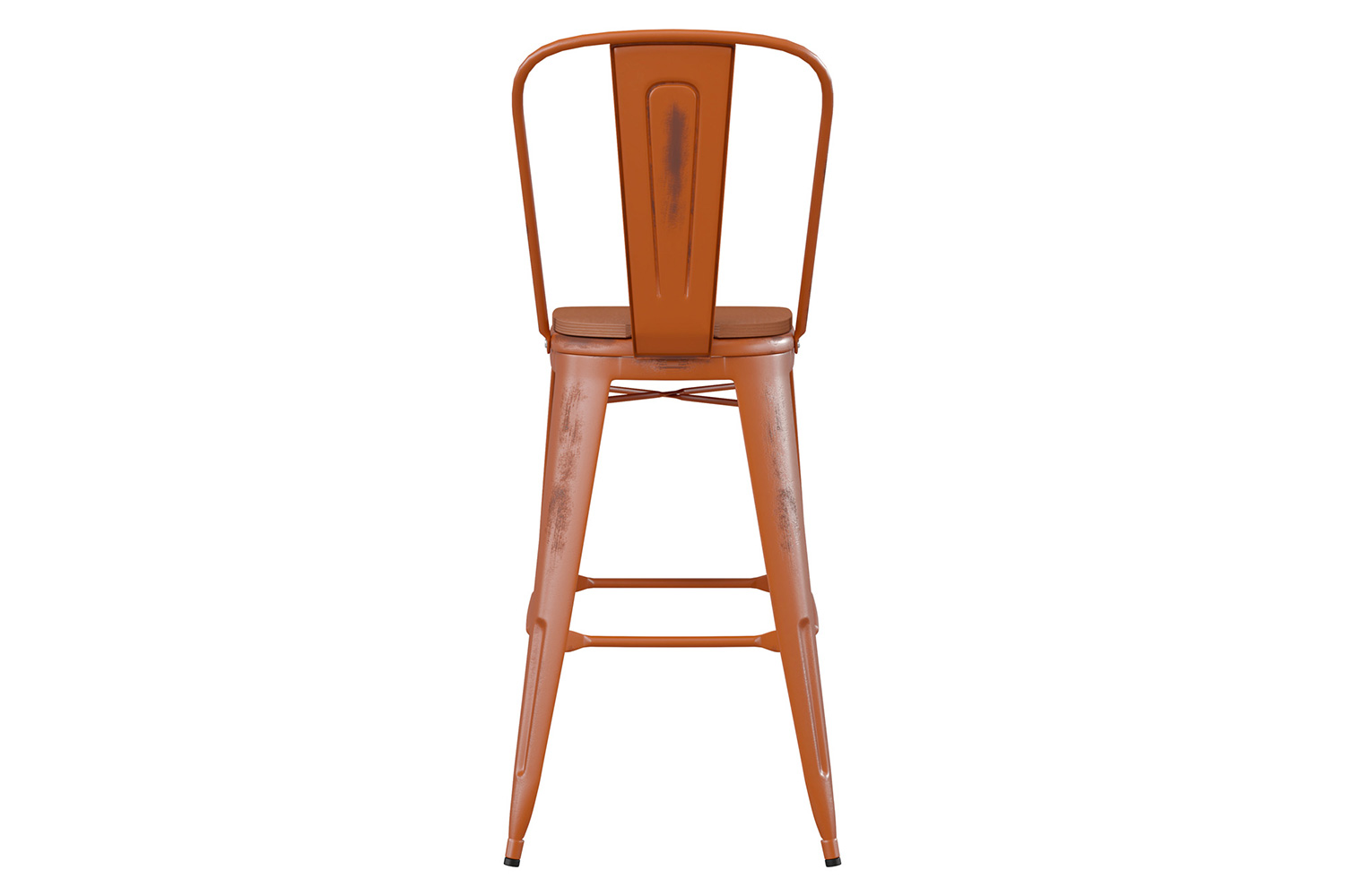 BLNK Carly Commercial Metal Indoor-Outdoor Bar Stool with Back with Poly Resin Wood Seat - Orange/Teak