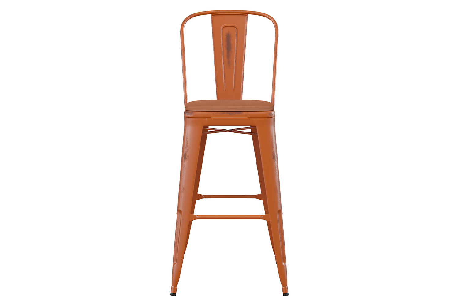 BLNK Carly Commercial Metal Indoor-Outdoor Bar Stool with Back with Poly Resin Wood Seat - Orange/Teak