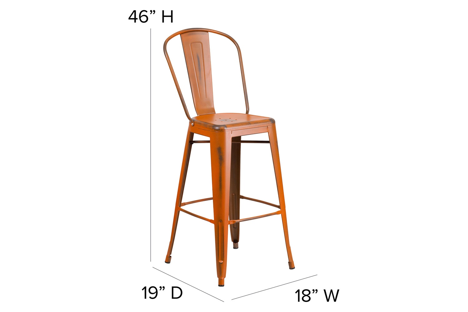 BLNK Carly Commercial Metal Indoor-Outdoor Bar Stool with Back with Poly Resin Wood Seat - Orange/Teak