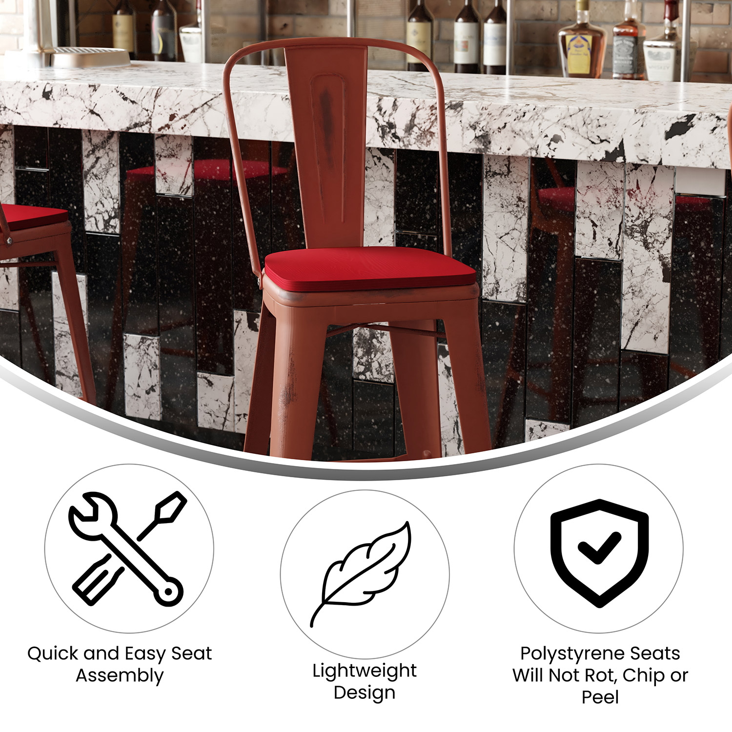 BLNK Carly Commercial Metal Indoor-Outdoor Bar Stool with Back with Poly Resin Wood Seat - Kelly Red/Red