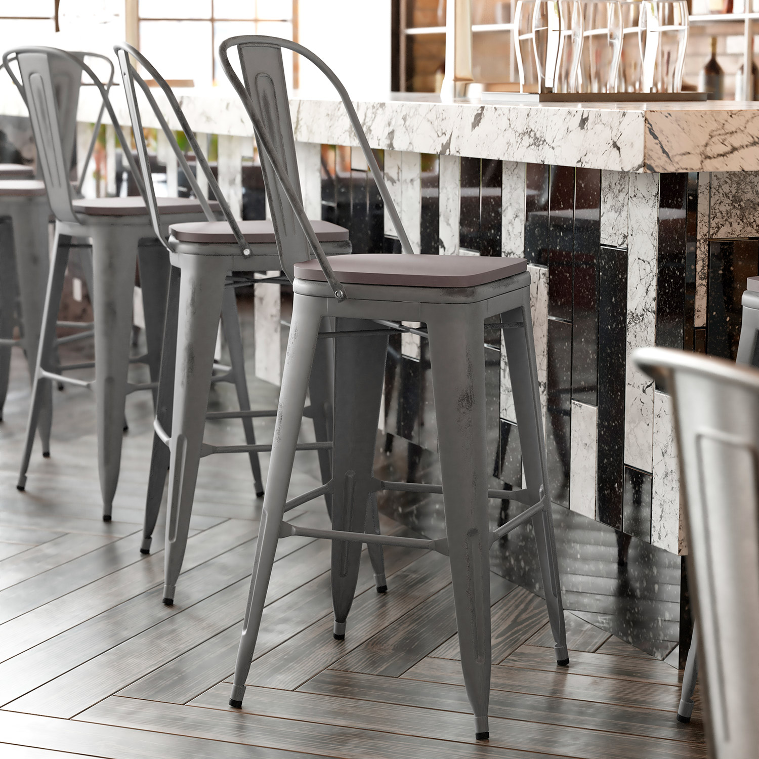 BLNK - Carly Commercial Metal Indoor-Outdoor Bar Stool with Back with Poly Resin Wood Seat