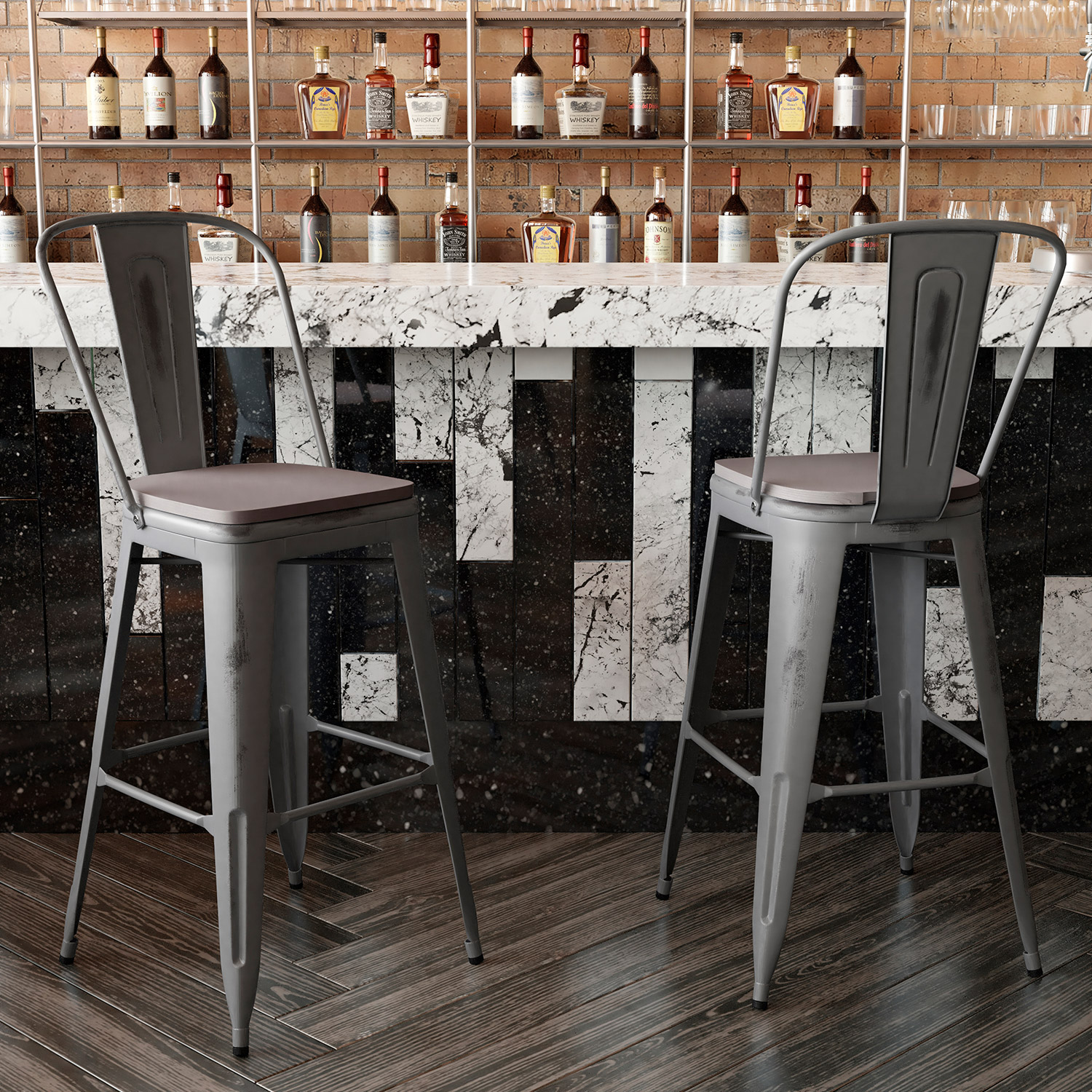 BLNK Carly Commercial Metal Indoor-Outdoor Bar Stool with Back with Poly Resin Wood Seat - Silver Gray/Gray