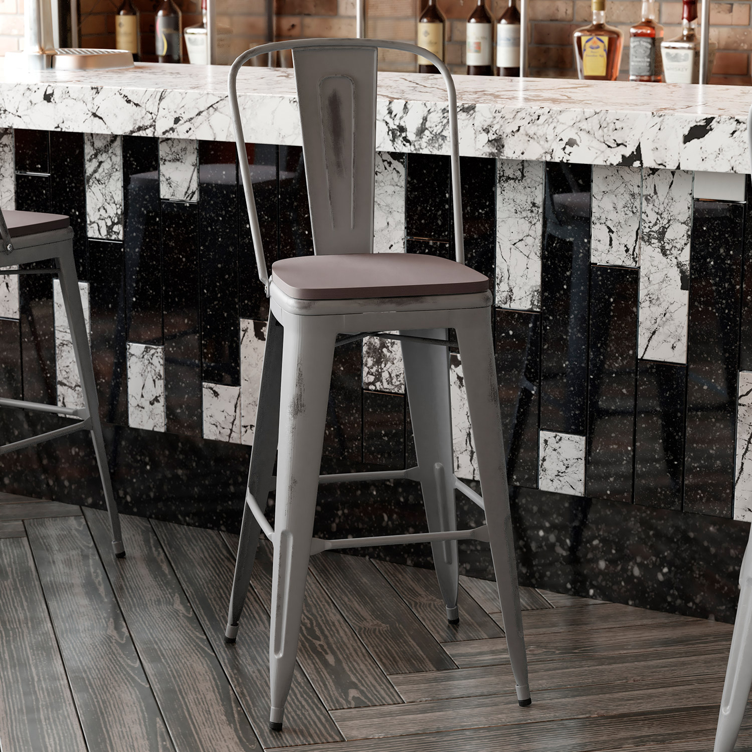 BLNK Carly Commercial Metal Indoor-Outdoor Bar Stool with Back with Poly Resin Wood Seat - Silver Gray/Gray