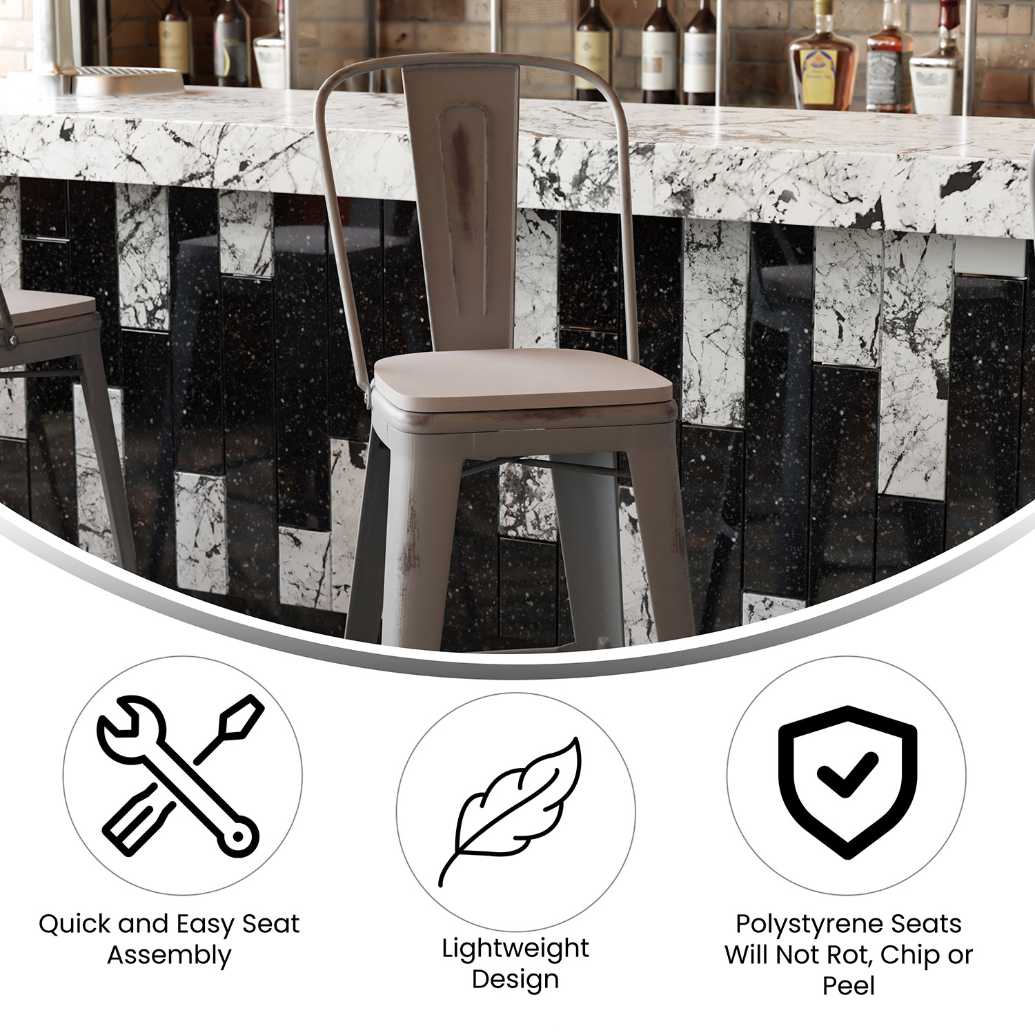 BLNK Carly Commercial Metal Indoor-Outdoor Bar Stool with Back with Poly Resin Wood Seat - Silver Gray/Gray