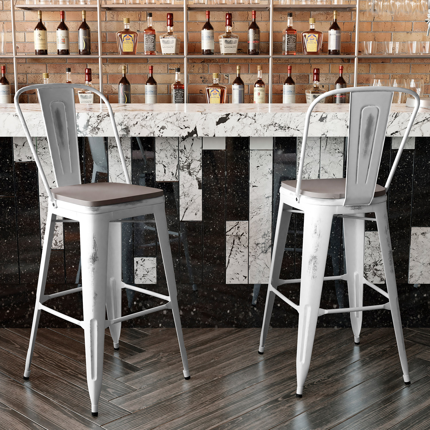 BLNK Carly Commercial Metal Indoor-Outdoor Bar Stool with Back with Poly Resin Wood Seat - White/Gray