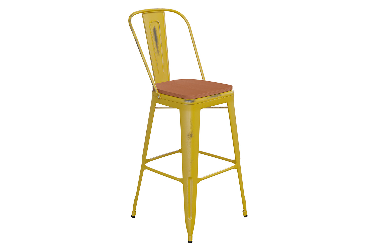 BLNK Carly Commercial Metal Indoor-Outdoor Bar Stool with Back with Poly Resin Wood Seat - Yellow/Teak