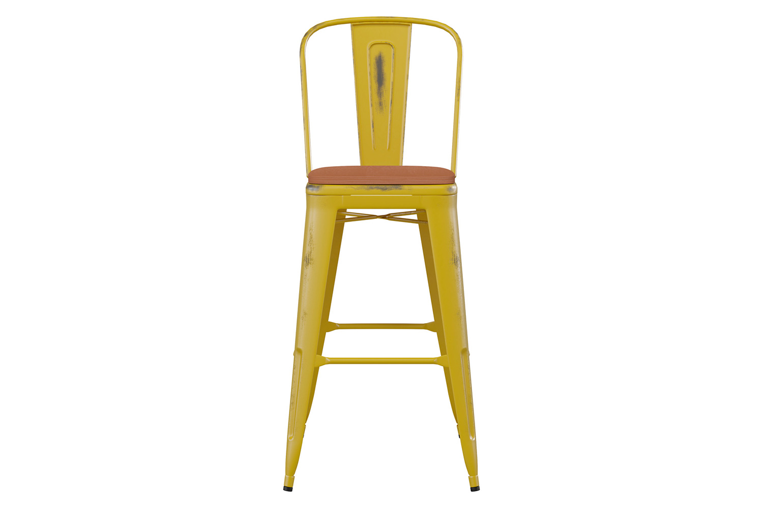 BLNK Carly Commercial Metal Indoor-Outdoor Bar Stool with Back with Poly Resin Wood Seat - Yellow/Teak