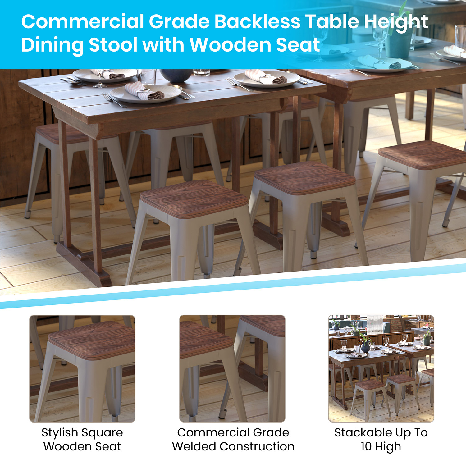 BLNK Kai Commercial Metal Backless Stackable Table Height Dining Stool with Wooden Seat Set of 4 - Silver