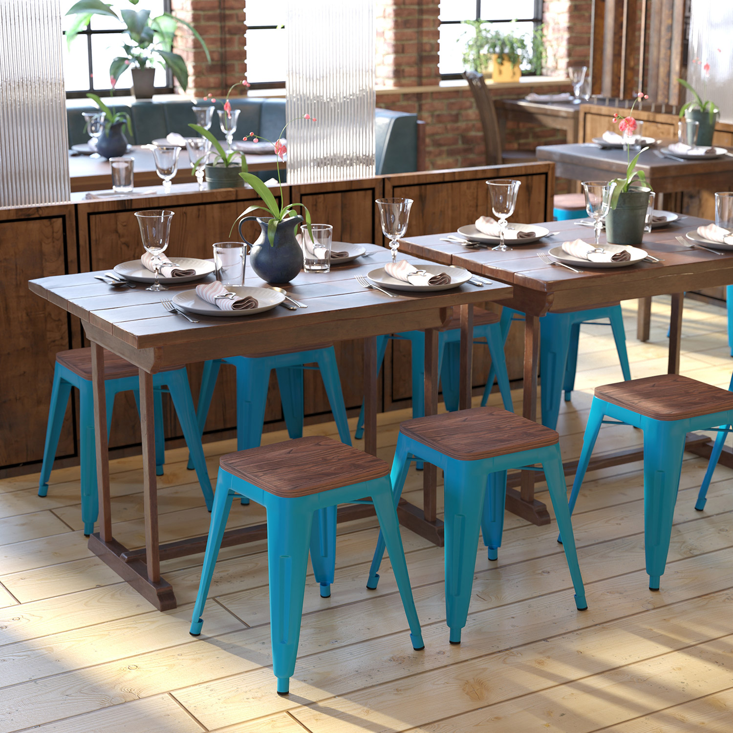 BLNK - Kai Commercial Metal Backless Stackable Table Height Dining Stool with Wooden Seat Set of 4