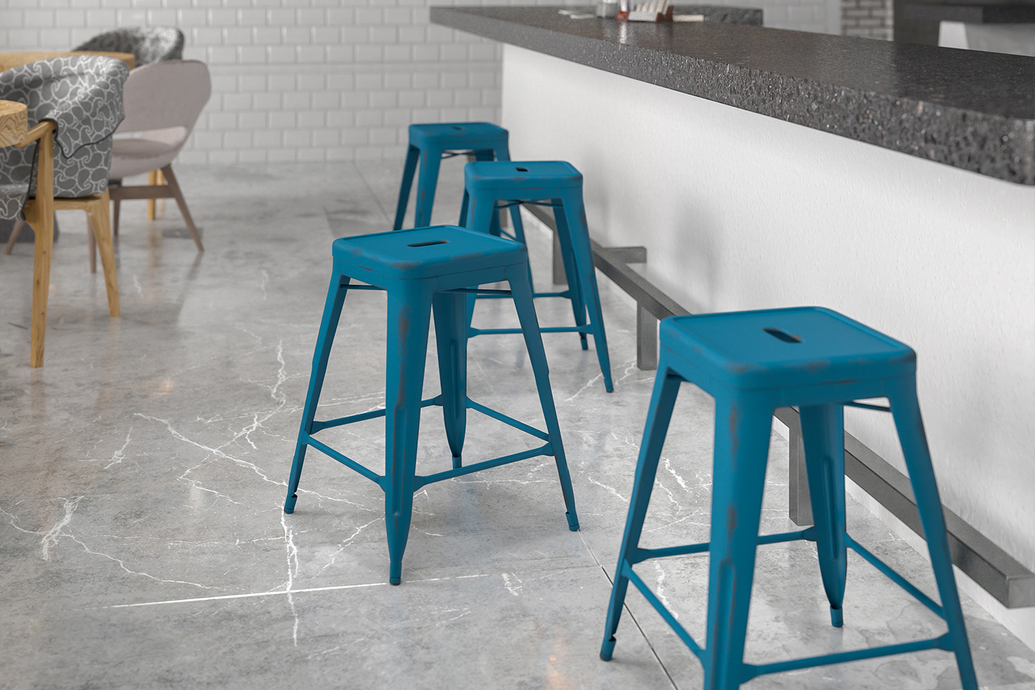 BLNK - Kai Commercial Metal Backless Distressed Indoor-Outdoor Counter Height Stool