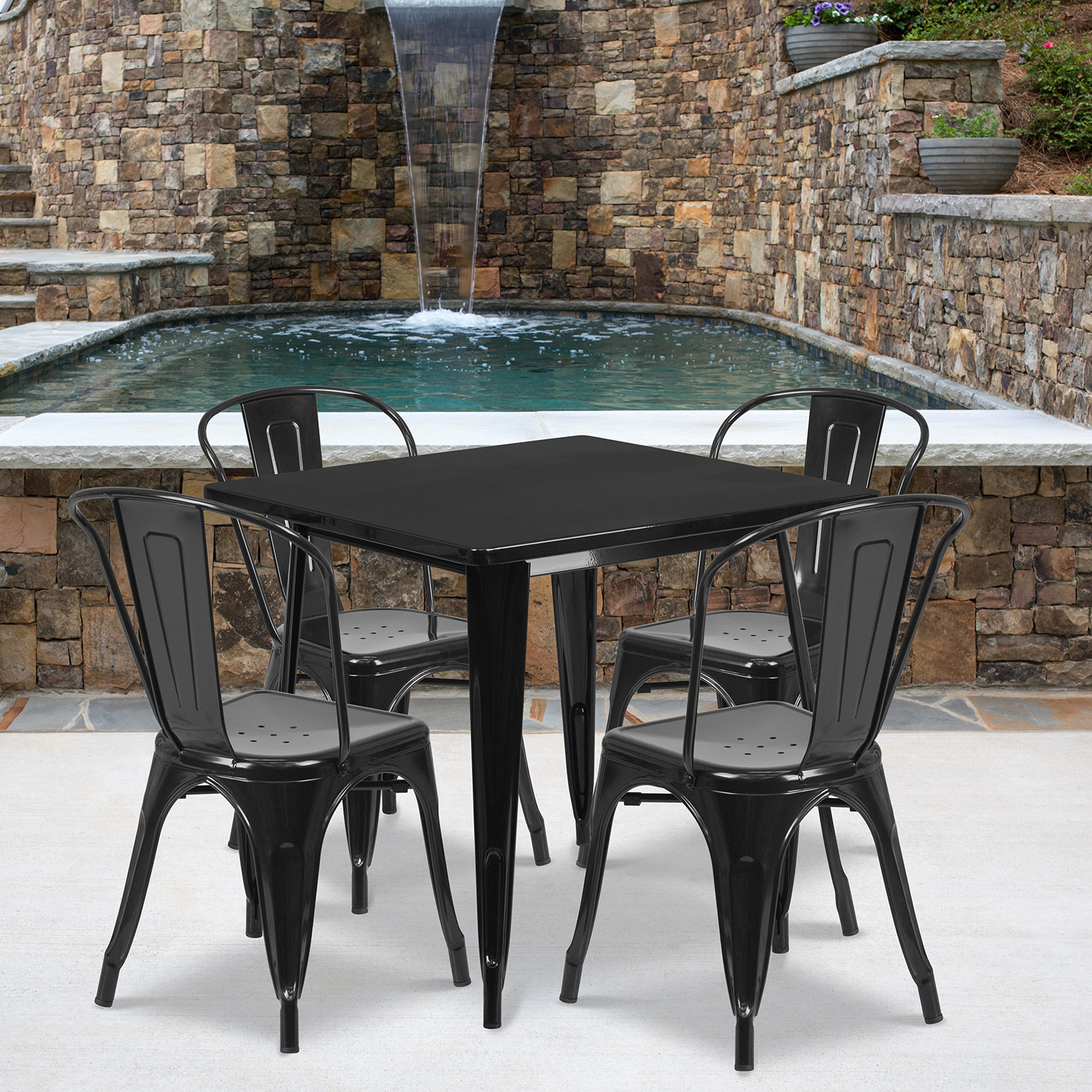 BLNK - Foster Commercial Square Metal Indoor-Outdoor Table Set with 4 Stack Chairs