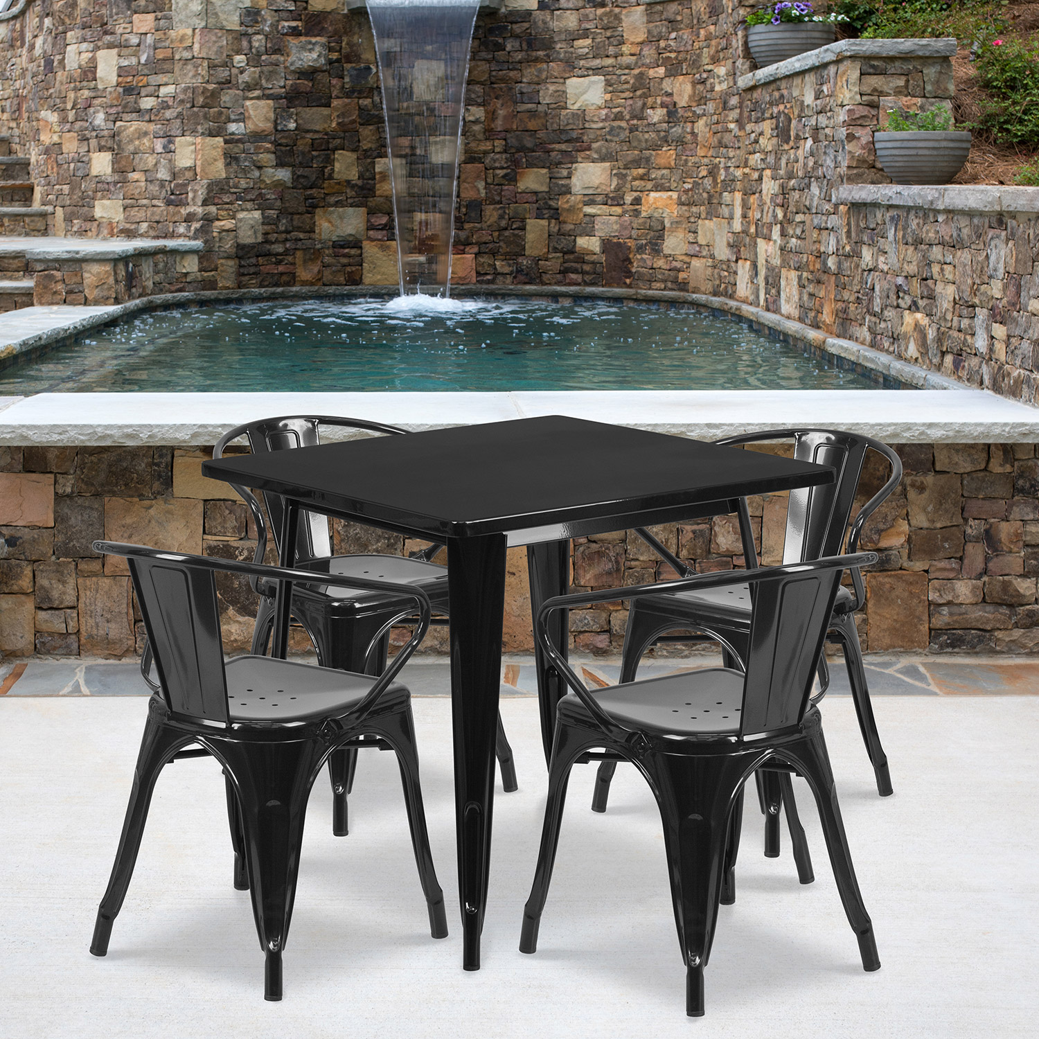 BLNK - Grady Commercial Square Metal Indoor-Outdoor Table Set with 4 Arm Chairs