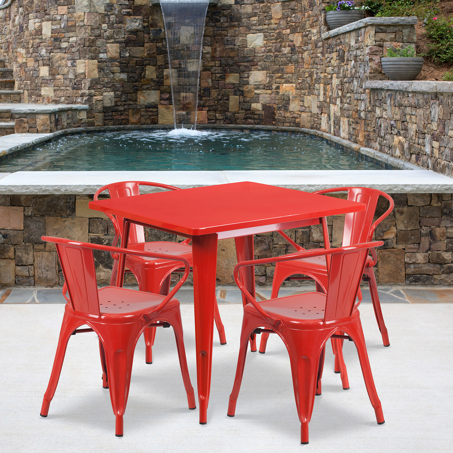 BLNK - Grady Commercial Square Metal Indoor-Outdoor Table Set with 4 Arm Chairs